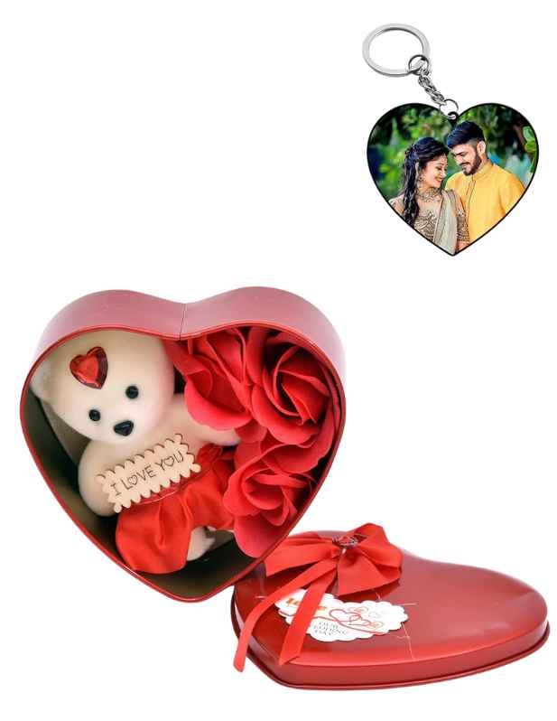 Heart Shaped Red Teddy And Rose Box